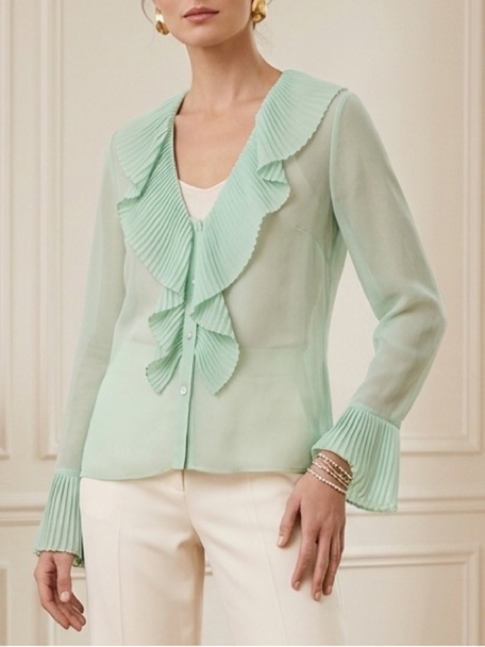 Zara Mint Green Pleated Ruffle V Neck Sheer Blouse Long Sleeve Size L